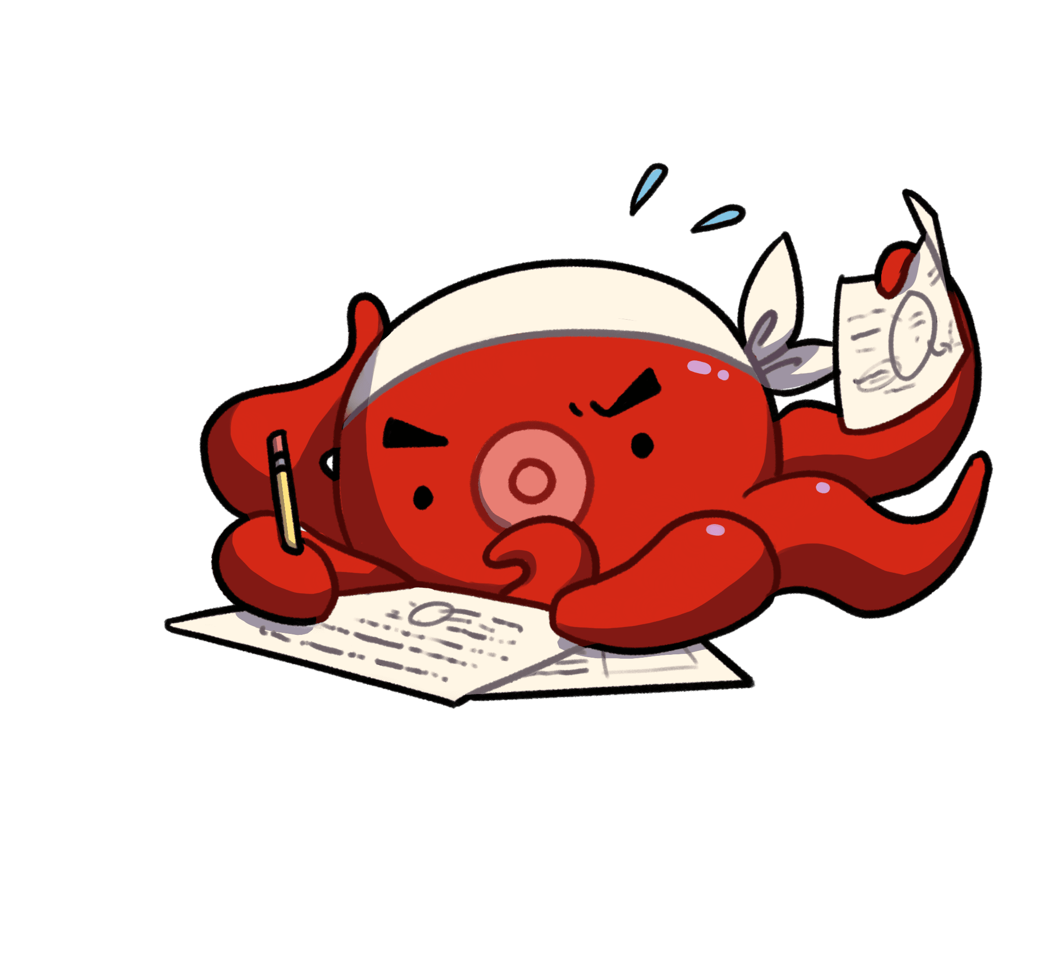 Octo the octopus hard at work, writing notes with a pencil
