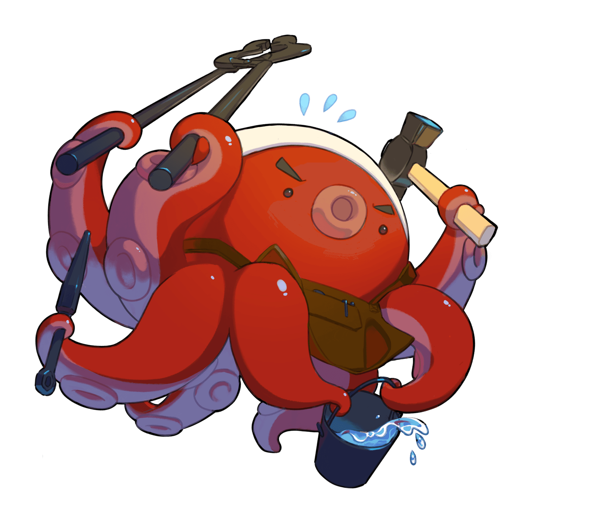 Octosmith the blacksmith octopus hammering a keychain